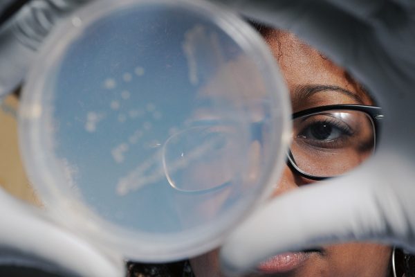 Mujer en laboratorio con muestra de bacterias
